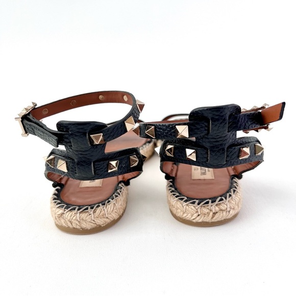 VALENTINO GARAVANI | Black Leather Rockstud Ankle Wrap Flat Espadrille Sandals 8 - Picture 8 of 13